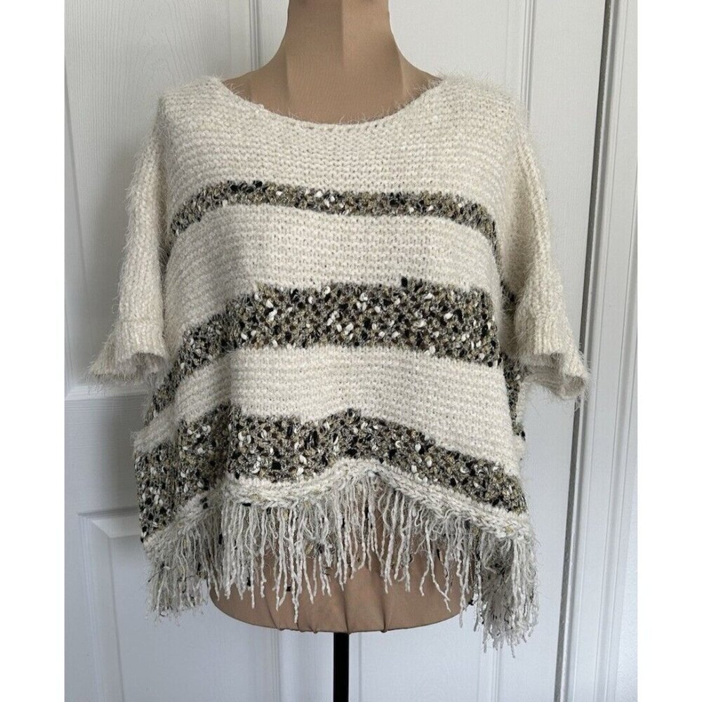 Anthropologie Moth Short Sleeve Crew Neck Fringe Poncho Sweater Oversize Size XS